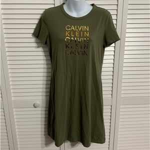 NWOT Calvin Klein Olive Green Gold Logo T-Shirt Dress Womens Size Medium